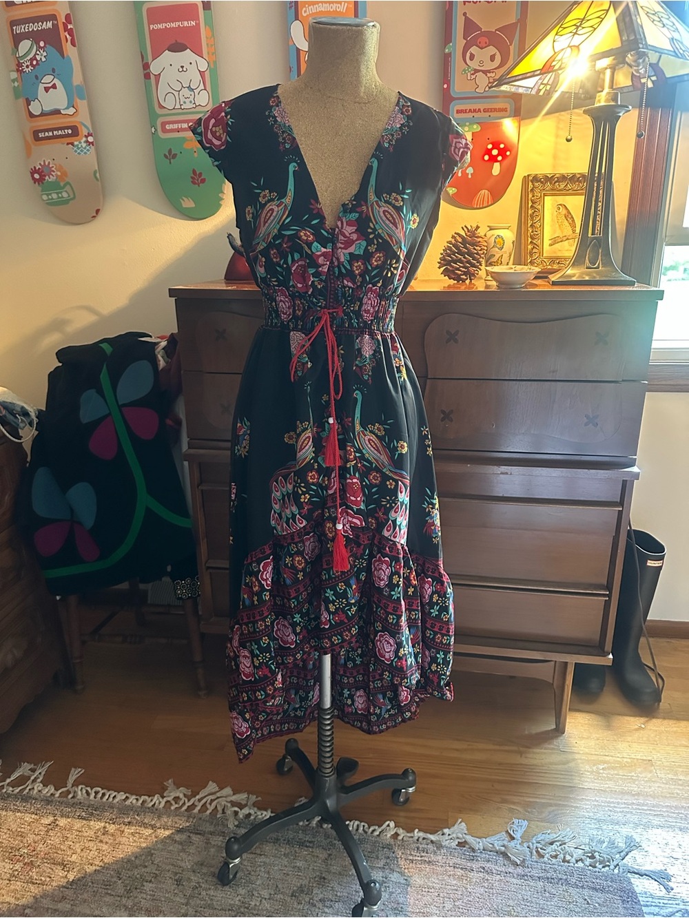 Vintage feel unique boho style colorful peacock black Floral Tiered Dress small